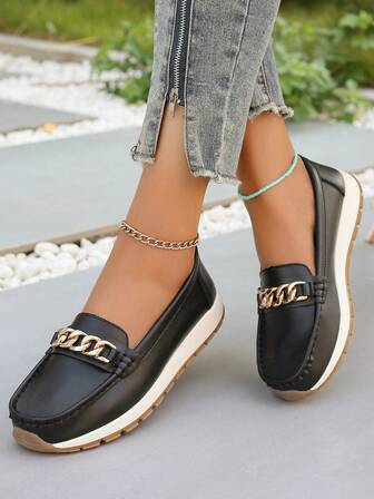 Women's Fashion Slip-On Loafers, Solid Color With Chain Decor