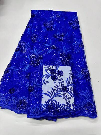 5 Yards/Piece 2025 New Fashion High-Quality Blue/Purple Sequin Floral Embroidered Lace Mesh Fabric, Suitable For African/Nigerian/French Red/Silver Women's Wedding Party Evening Dress Making, Clothing Sewing, Home DIY Decor Fabric, 1 Yard Ladies Garment Handcraft Sewing Thin Mesh Lace Cloth