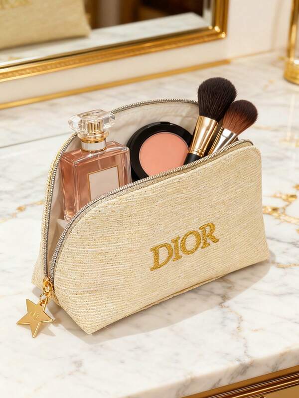 Christian Dior Golden Makeup Pouch With Gift Box, Luxury Textured Fabric & Gold Foil Logo, Holiday Birthday Present, Limited Edition Cosmetic Bag For Women​