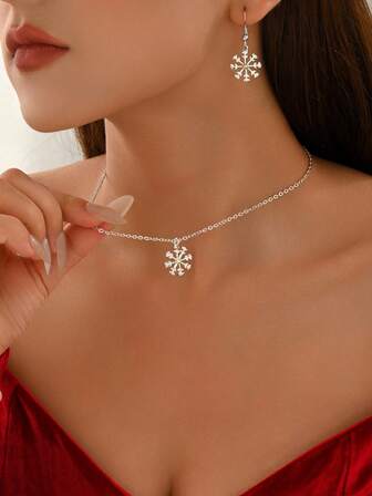 3件套圣诞庆典女士首饰套装，时尚简约优雅雪花吊坠项链和耳环，适合日常、休闲、派对、节日礼物