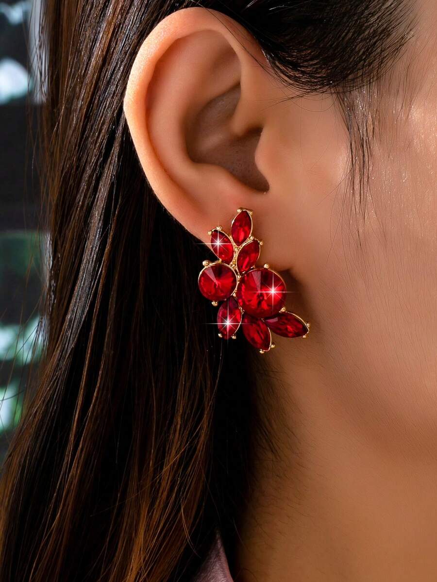 1 Pair Fashionable, Exquisite, Luxurious, Elegant Women's Earrings, Round Faux Gemstone Design, Eye-Catching Party Accessory - Multicolor - View 1