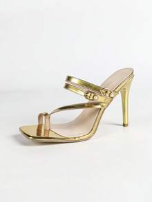 Women's Fashion High Heel Shoes, Nightclub Style, Party, Metal PU Leather, Thong, Double Buckle, Faux Pearl Buckle, Slip-On, Open Toe, Open Heel, Classic Square Toe Sandals, Gold Electroplated Heel, Thin Heel, Summer Outdoor Style, Regular Style, Women's Gold Sandals, High Heel Slippers, Minimalist, T-Strap Sandals - Gold - View 12