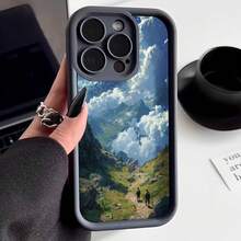 Cubierta de teléfono con borde negro diseño de montañas y cielo azul con nubes caminantes en sendero verde para uso diario y viajes - Café integral - Ver 1