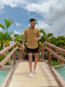 Men's Short-Sleeve Shirt With Mandarin Collar And Linen-Look - Assorted Colors - Comfortable - Apricot - View 4
