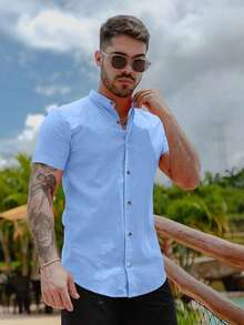Men's Short-Sleeve Shirt With Mandarin Collar And Linen-Look - Assorted Colors - Comfortable - 淺藍色 - 查看 2