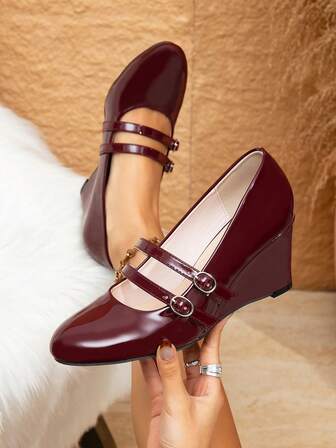Women's New Round Toe Wedge Buckle Retro Pumps, Elegant Commuting Wine Red High Heels, Suitable For Halloween, Christmas, New Year Casual Wear