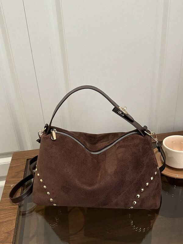 2025 New Fashion Suede Rivet Tote Bag, Large Capacity Shoulder Bag For Women, High-End Casual Commuter Underarm Bag
