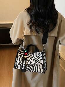 Fashionable Versatile Fabric Bag, Commuter Zebra Print Handbag - Black and White - View 3