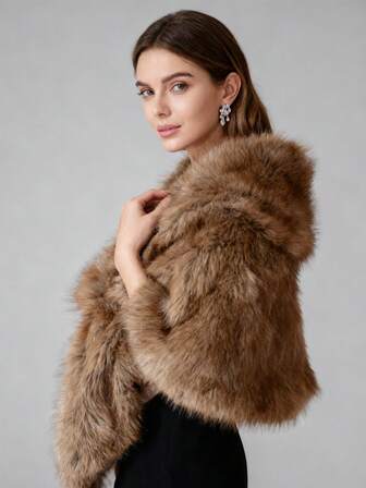 Chal de piel sintética negro-marrón elegante y de moda para mujer, chal de piel sintética suave para mujer, chal nupcial, adecuado para fiestas, bodas y eventos de noche