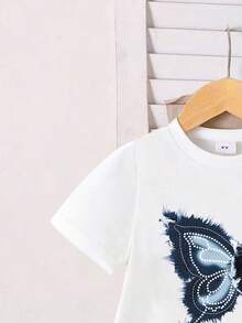 Young Girl Butterfly Print Short Sleeve Top And Denim Skirt Set - White - View 3