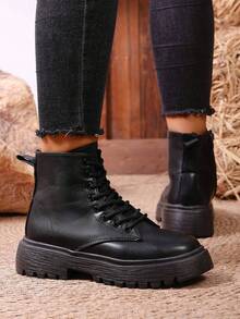 Giày bốt cổ ngắn buộc dây mũi tròn màu đen thời trang dành cho nữ, ấm áp và thoải mái, cỡ lớn dành cho mùa đông - màu đen - Xem 4