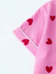 Heart Print Women's Bubble Crinkle Short Sleeve & Shorts Pajama Set - Pink - View 3