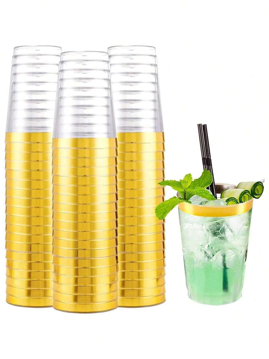 100pcs Gold Cups, 6.76oz Clear Cups With Gold Rim, Gold Beer Mugs, Hard Party Cups, Premium Gold Rimmed Cups, Ideal For Weddings And Parties, Wedding And Birthday Supplies, Home And Party Decorations - Gold - View 1