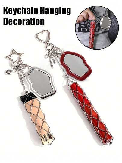 Metal Lipstick Holder Keychain, With Replaceable Stainless Steel Mesh Bag, Heart And Star Shaped Lipstick Case Charm, Built-In Mini Mirror, Fashionable Hanging Decor, Suitable For Storing Lip Balm And Cosmetics, Stylish Accessory For Handbags And Wallets, Portable Makeup Item For Women, Girls, Beauty Lovers And Gift Givers.