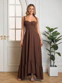 PARTHEA Backless Smocking Bodycon Ruched Cami Long Dress Elegant - Brown - View 7