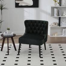 Single Armchair In Technical Fabric With Pull Button, Modern Armless Design With Rivet Trim And Solid Wood Legs For Living Room, Bedroom - Emerald + Velvet - View 11