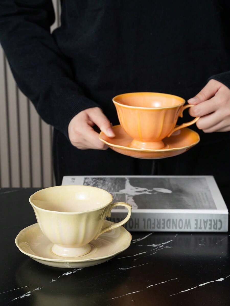 1 set Juego de taza y platillo de té vintage de cerámica colorida - Vajilla estética multicolor, perfecta para amantes del café y el té, elemento esencial para la decoración de cocina de