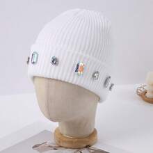 1pcs Niche Rhinestone Knitted Beanie - Multiple Colors Available, Autumn Winter Warm/Street Style Accessory, Eye-Catching Personality Headwear - 白色 - 查看 12