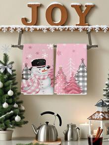 2 Pcs Christmas Kitchen Towels Buffalo Plaid Dish Towels Kitchen Washing Dishes Hand Tea Towels - Coral Pink - View 5