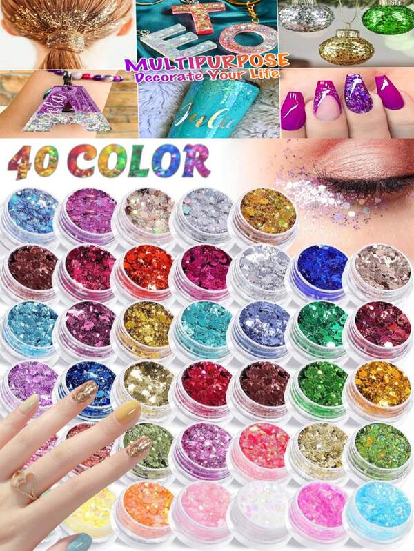 40 لون من بريق الأظافر، خليط من البريق الكبير والدقيق الهولوغرافي، بريق وبودرة بريق للاحتفالات، رقائق بريق الأظافر