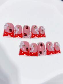 10pcs Cute Duckbill Red & Ladybug French Handmade Press On Nails, With Hand-Drawn 3D Ladybug, White Flowers, Red Polka Dots; Nail Supplies, Homemade Nails DIY Press On Nails Nail Art Acrylic False Nails; Suitable For Holiday, Parties, Daily Wear; Includes 1Sheet Jelly Glue & 1pc Mini File - Red - View 1