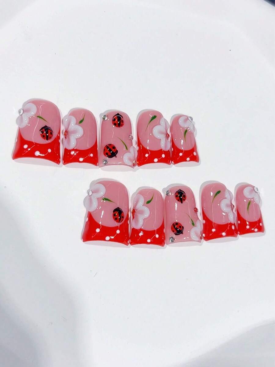 10pcs Cute Duckbill Red & Ladybug French Handmade Press On Nails, With Hand-Drawn 3D Ladybug, White Flowers, Red Polka Dots; Nail Supplies, Homemade Nails DIY Press On Nails Nail Art Acrylic False Nails; Suitable For Holiday, Parties, Daily Wear; Includes 1Sheet Jelly Glue & 1pc Mini File - Red - View 1