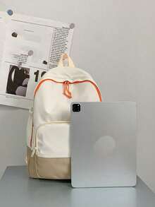 1 pieza Mochila casual de estilo universitario de gran capacidad, ligera y resistente al agua, con bolsillos múltiples y cremallera, en estilo de bloque de color, adecuada para uso diario escolar, entrenamiento, viajes al trabajo de mujeres, actividades al aire libre, compras, vacaciones, regalo para la temporada de regreso a clases y graduación - Beis - Ver 6