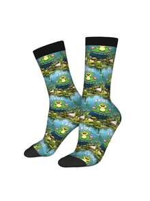 1 Pair FROG & FULLY RELLON GOD 4 For Men & Women 3D Digital Printed Athletic Socks, All Season Comfort For Fitness, Sports Travel & Casual Attire Matching Couple Gift For Birthdays, Weddings - 黑色 - 查看 1