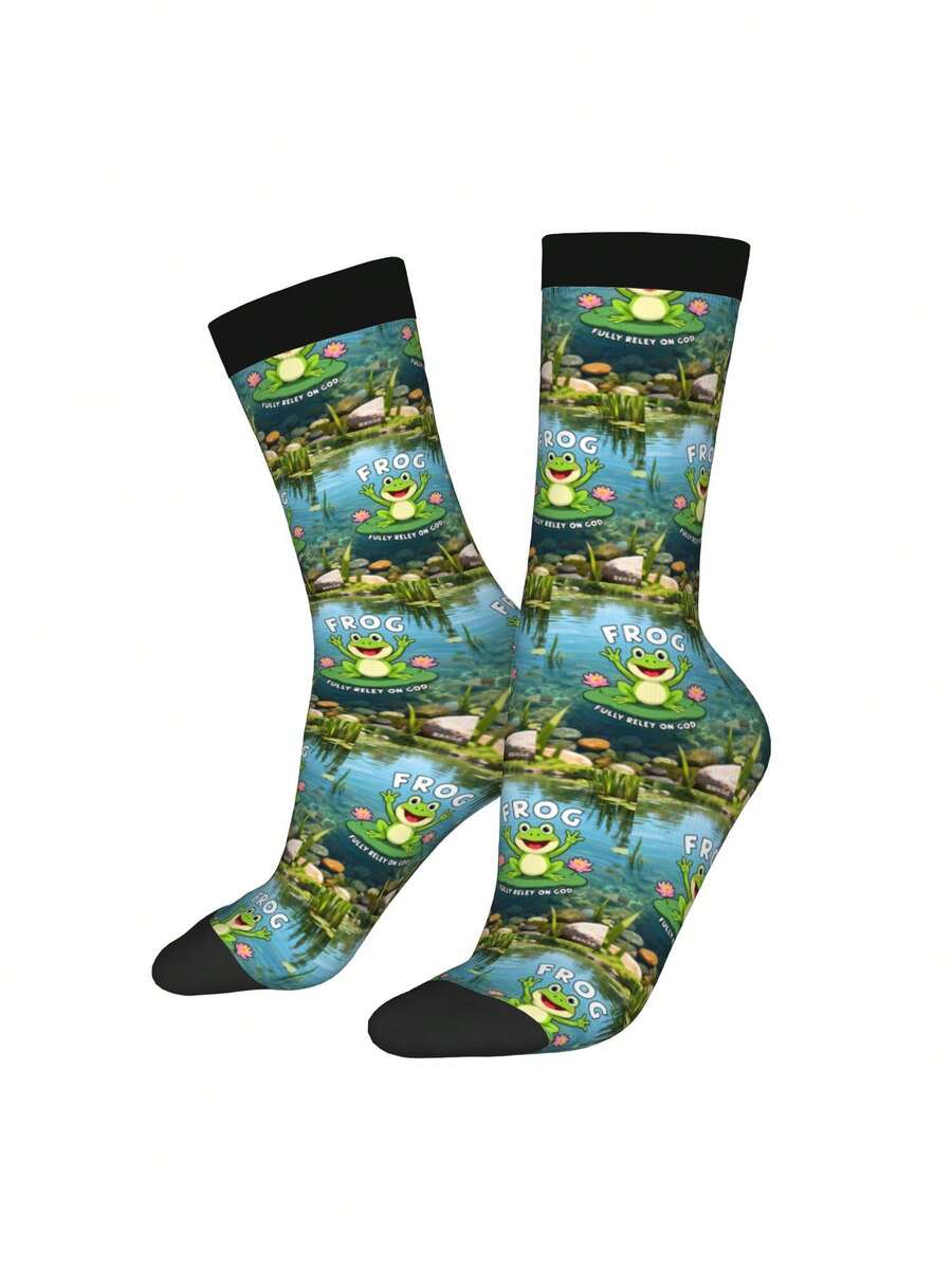 1 Pair FROG & FULLY RELLON GOD 4 For Men & Women 3D Digital Printed Athletic Socks, All Season Comfort For Fitness, Sports Travel & Casual Attire Matching Couple Gift For Birthdays, Weddings - 黑色 - 查看 1