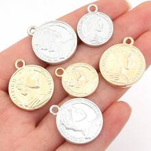 50pcs/100pcs/Pack Vintage Brass Female Head Pendants, Gold Round Shape Retro Style Charms For Necklace Bracelet DIY Jewelry Accessories