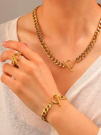 Juego de 3 piezas de cadena cubana gruesa de acero inoxidable con hebilla de palanca OT, estilo hip hop, joyería de regalo para uso diario de hombres y mujeres