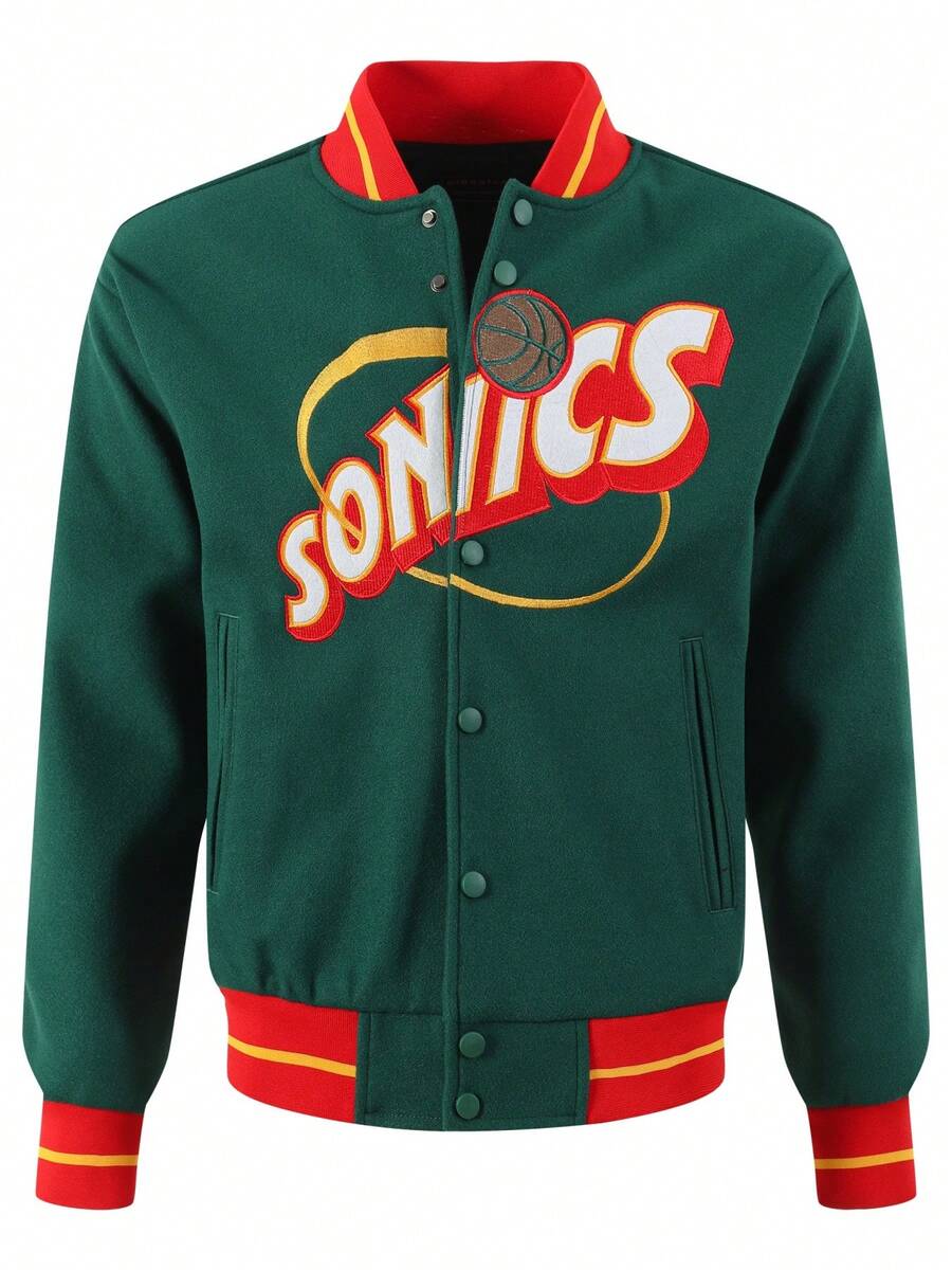 男士绿色棒球夹克，高端刺绣，时尚街头风，经典复古运动休闲风，拼接长袖嘻哈摩托车夹克 - 綠色 - 查看 1