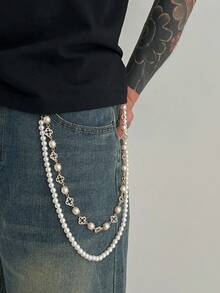 1 pieza Cadena de cintura con decoración de flor de perla falsa y cristal, accesorio de cadena corporal unisex de moda, adecuado para Halloween, escuela, otoño/invierno, casual, al aire libre, deportes, vacaciones, regalo de graduación, cumpleaños, uso diario