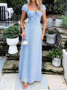 Onicee 夏季连衣裙，蓝色浪漫连衣裙，优雅吊带短袖连衣裙，适合情人节、约会、聚会、派对、旅行、度假、海滩等场合。 - 藍色 - 查看 1