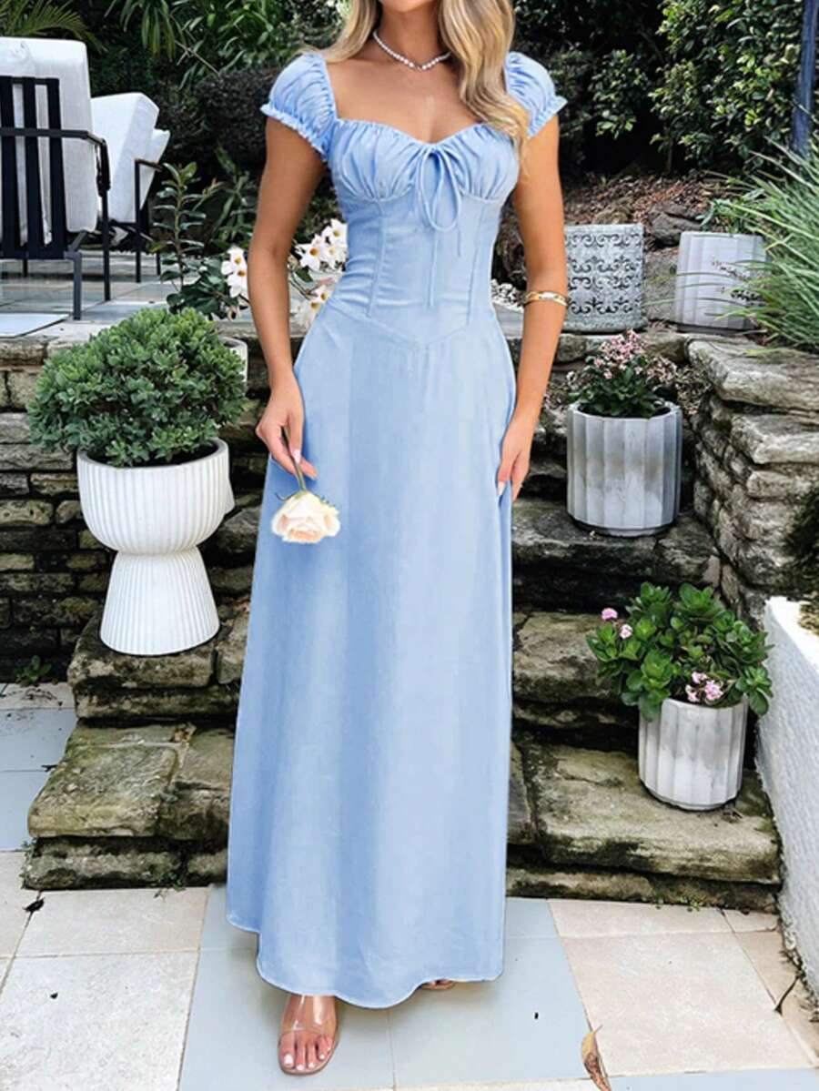 Onicee 夏季连衣裙，蓝色浪漫连衣裙，优雅吊带短袖连衣裙，适合情人节、约会、聚会、派对、旅行、度假、海滩等场合。 - 藍色 - 查看 1