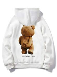 K-GLORY 男士秋冬新款休闲创意文字卡通熊印花连帽卫衣 - 白色 - 查看 5