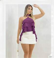Cropped Blouse With Ruffles: Stylish, Comfortable, Versatile, Perfect For Bloggers - Purple - View 2