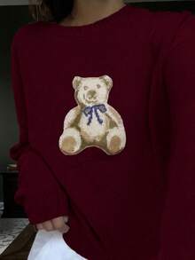 2026 Début Automne Nouveau Pull Femme décontracté Élégant Rendez-vous Mignon Ours dessin animé Col Rond Manches Longues pull Tricot, Anniversaire, Vacances d'Été, Top Élégant Femme, Streetwear, Enseignante, Hiver, Automne, Rentrée Scolaire, Fête - Rouge foncé - Voir 8