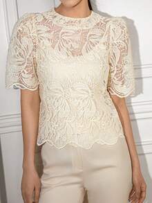 Cubre elegante de encaje para mujer con mangas abullonadas y diseño calado, con patrón floral aleatorio (excluye la ropa interior, el bajo ondulado se coloca aleatoriamente, no fijo) - Albaricoque - Ver 2