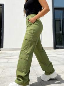 [Popular Workwear Style] Solid Color Wide-Leg Cargo Pants With Multiple Pockets-Slimming And Elongating, A Must-Have Item For Street Fashionistas. The Fabric Is Sturdy And Not Easily Deformed, With A Comfortable And Skin-Friendly Feel. It's Breathable And Not Stuffy For Everyday Wear, And Has A Great Drape, Keeping The Pants Looking Neat And Stylish At All Times. - xanh quân đội - Xem 2