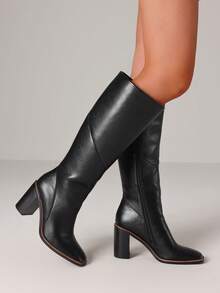 Women's Knee High Boots Fashion Square Toe Block Chunky High Heels Side Zipper Party Dress Shoes Woman - 黑A - 查看 6