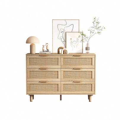 110cm Rattan Storage Cabinet With 6 Drawers, For Bedroom, Living Room, Natural; 110cm Rattan Storage Cabinet With 6 Drawers, For Bedroom, Living Room, Natural