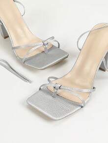 女士灰色方头系带凉鞋，交叉绑带时尚性感派对高跟鞋，优雅舒适的粗跟鞋，拉长腿部线条 - 灰色 - 查看 6