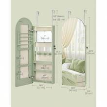 Wide Jewelry Organizer, Jewelry Cabinet Wall/Door Mounted, Arched Mirror With Storage, Lockable, Rounded Corner, Interior Mirror, 3.9x 16.5x 42.5 Inches, Cloud White UJJC020W01 - 月桂綠 - 查看 5