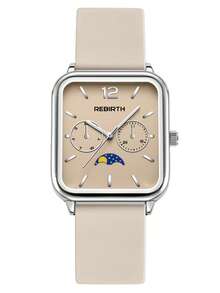 1 件女士方形简约时尚硅胶表带石英手表，适合日常佩戴 - 米色 - 查看 5