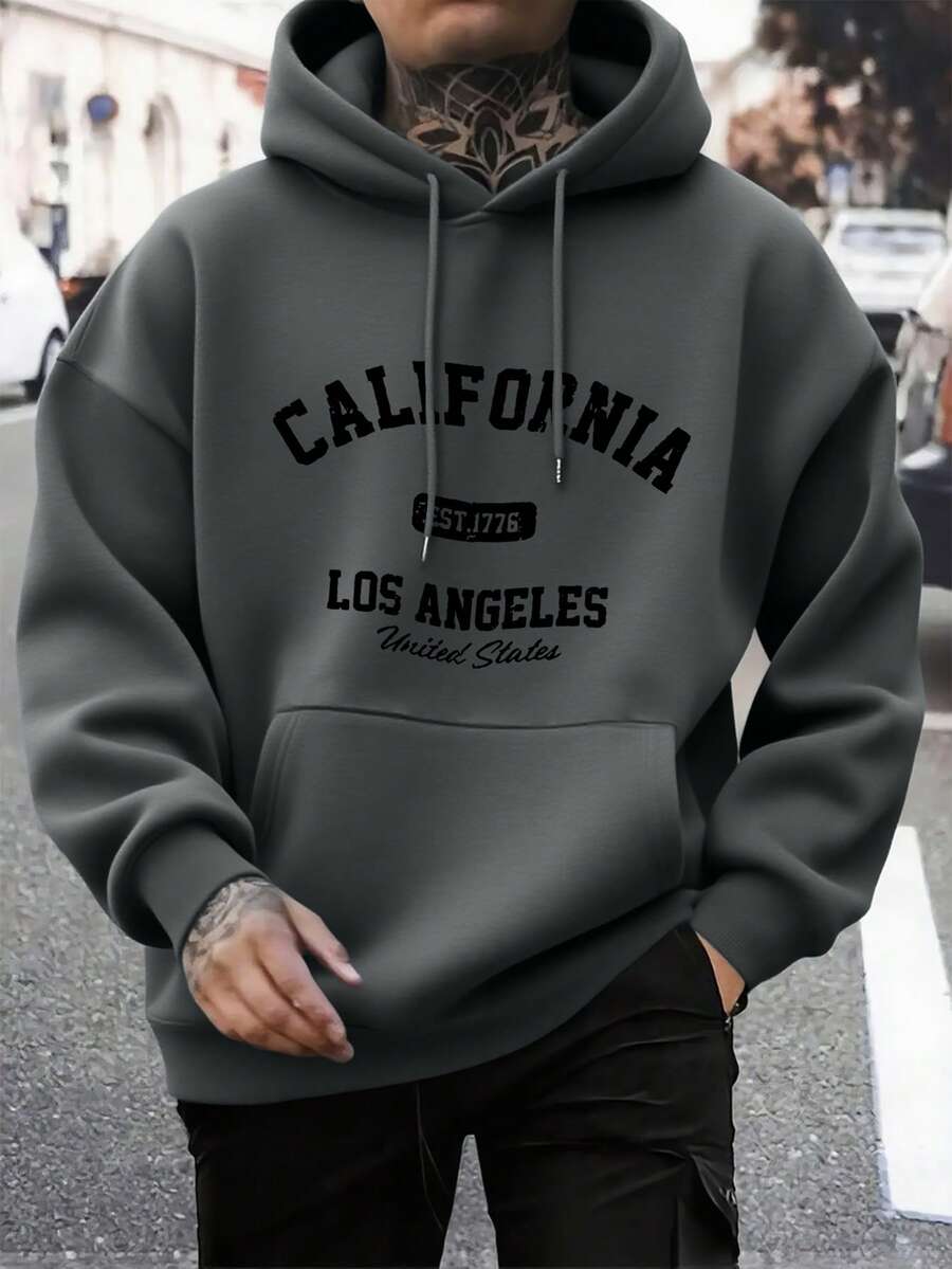 Men's Casual Fashion Street Hooded Sweatshirt With California Print, Kangaroo Pocket And Drawstring, Thermal Lined, Autumn/Winter - Dark Grey - View 1