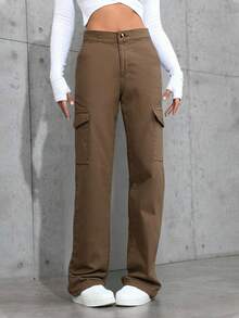 Pantalones cargo casuales, largos para mujer - Caqui - Ver 2