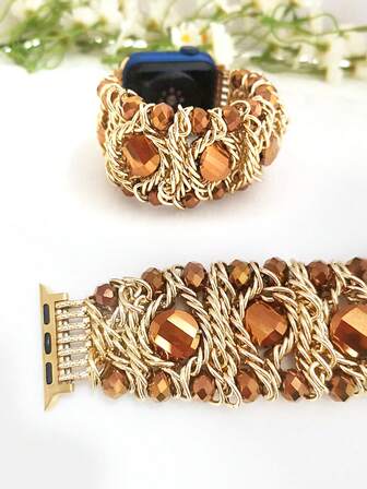 1条女士时尚彩色玻璃珠金属编织手工手链，兼容38mm、40mm、41mm、42mm、44mm、45mm、49mm型号（S10 42mm、S10 46mm），波西米亚风格弹性表带，兼容 Series 11、Ultra、SE3、Ultra2、S10、SE2、9、8、7、SE、6、5、4、3、2，适合作为圣诞节、母亲节、情人节礼物。