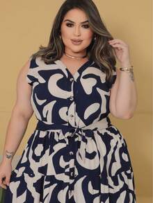Plus Size Midi Shirt Dress With Buttons, Made Of Printed Viscose Linen, Sizes G1 To G3. - 藏蓝色 - 查看 3