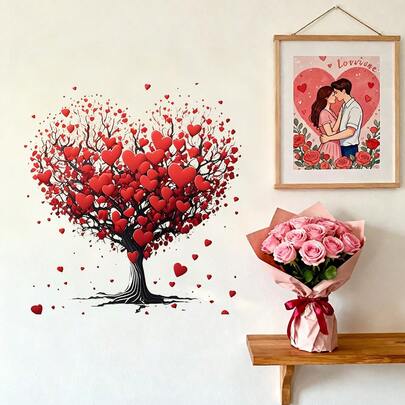 1片装春季情人节爱心蝴蝶图案装饰墙贴，PVC材质，自粘可移除，适用于家居墙面装饰、宿舍、花店、情侣卧室装饰，春季情人节礼物